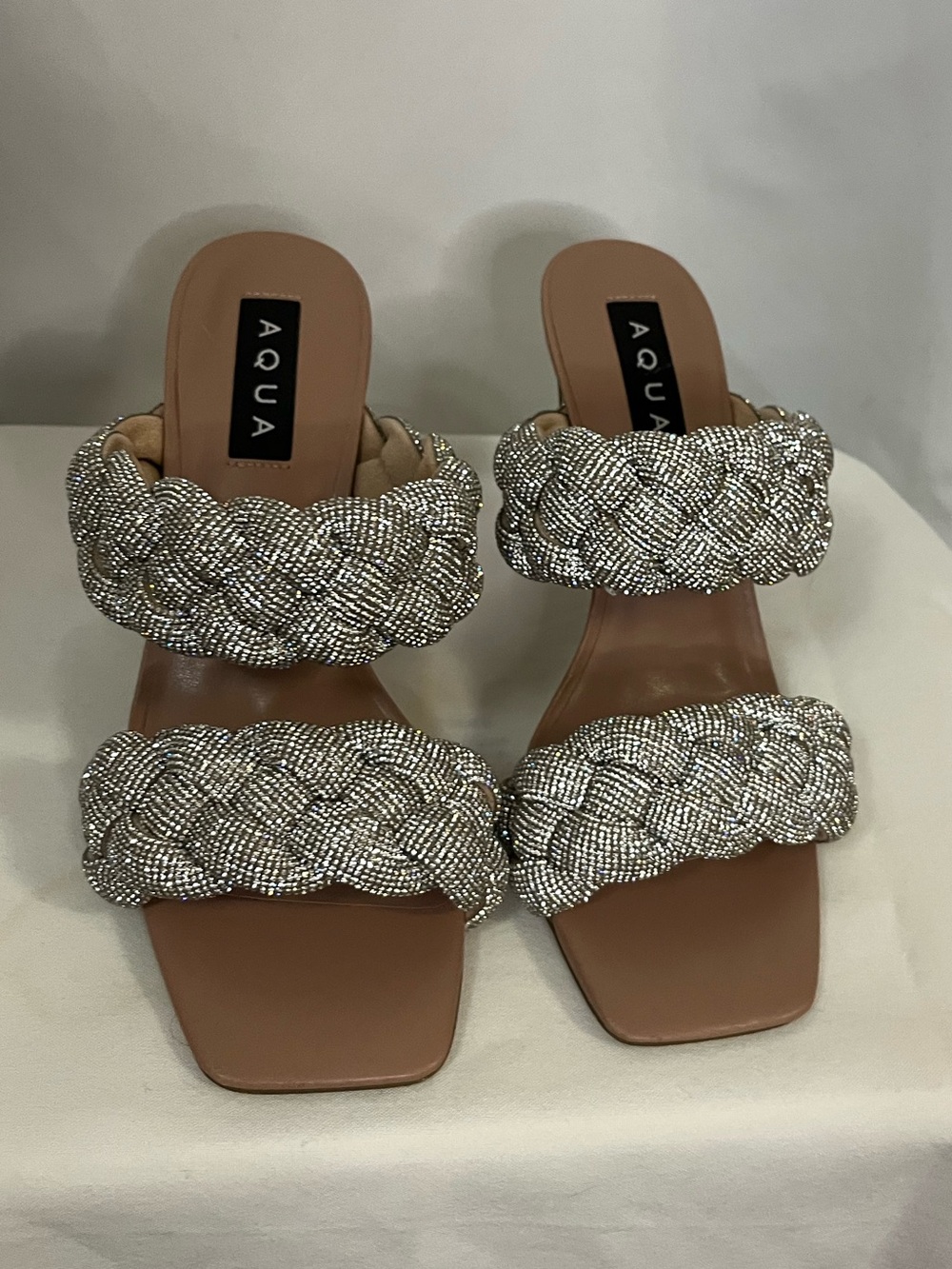 Aqua Silver Crystal Bling Braided Double-Strap Slide Heels